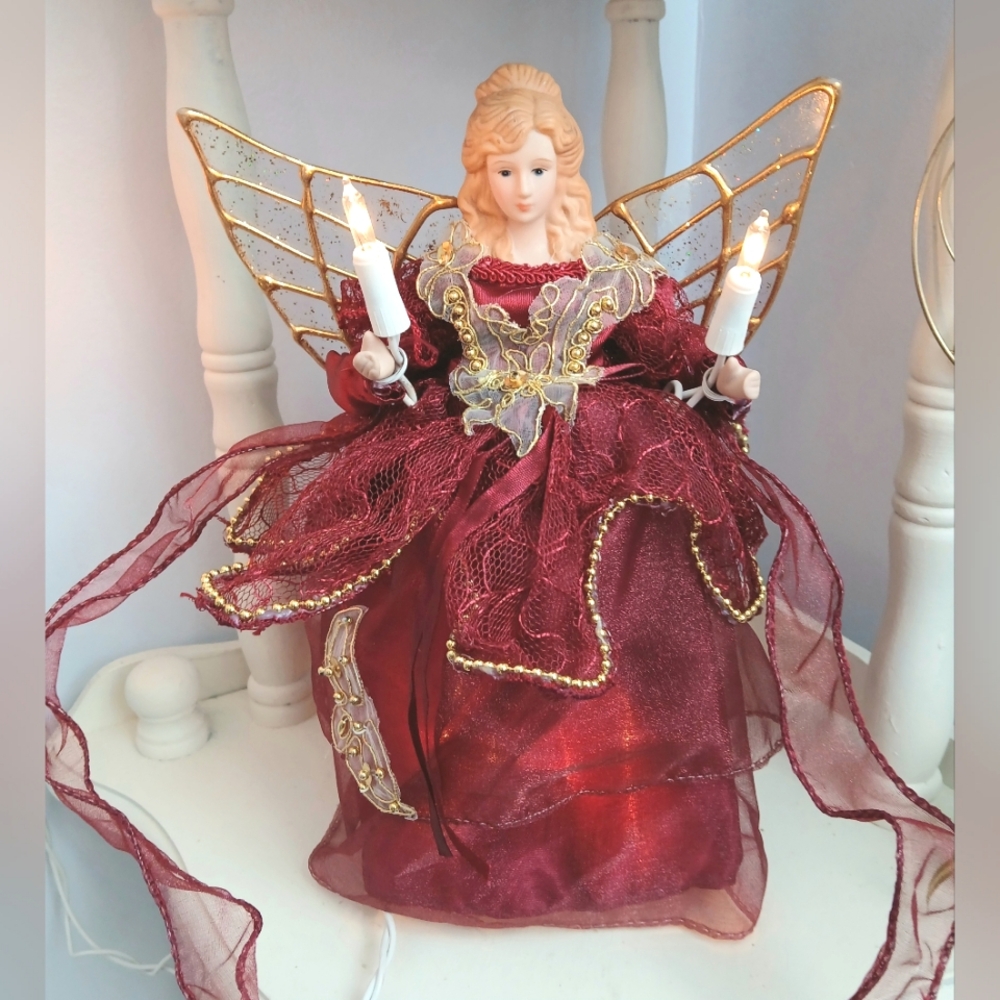 Vintage lighted Angel Christmas Tree Topper burgundy gold Deep Red